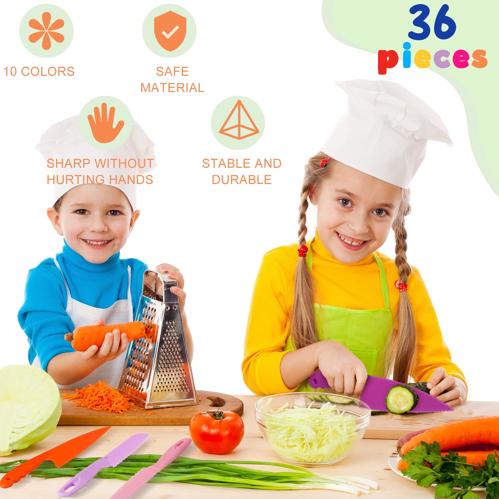 Mixweer 36 Pcs Kids Plastic Kitchen Knives Children's Safe Cooking Knives Colored Nylon Knife Set Child Proof Knife with Serrated Edges for Kids Beginners Kitchen Fruit Lettuce Vegetable Salad Bread