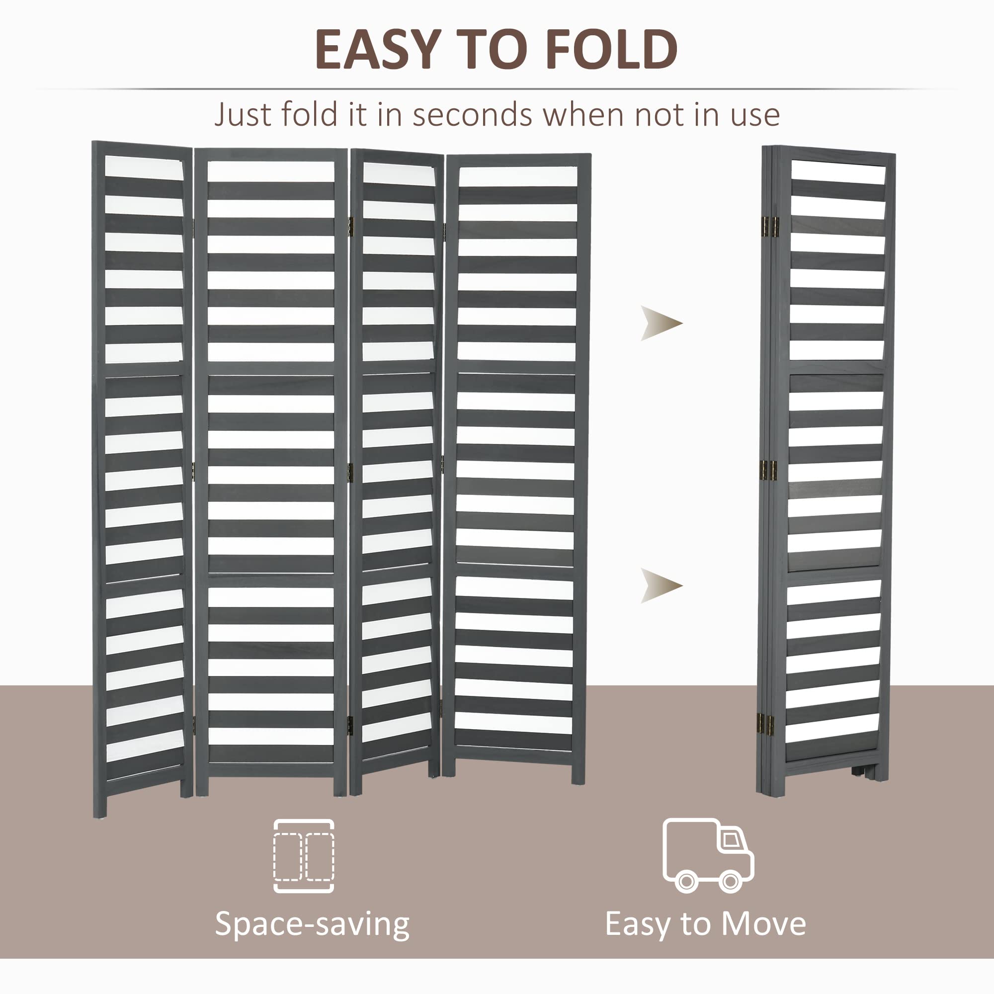 HOMCOM 5.6' Tall 4-Panel Room Divider and Folding Privacy Screen, Louvred Freestanding Privacy Divider, Partition Wall for Indoor Bedroom Office, White Grey