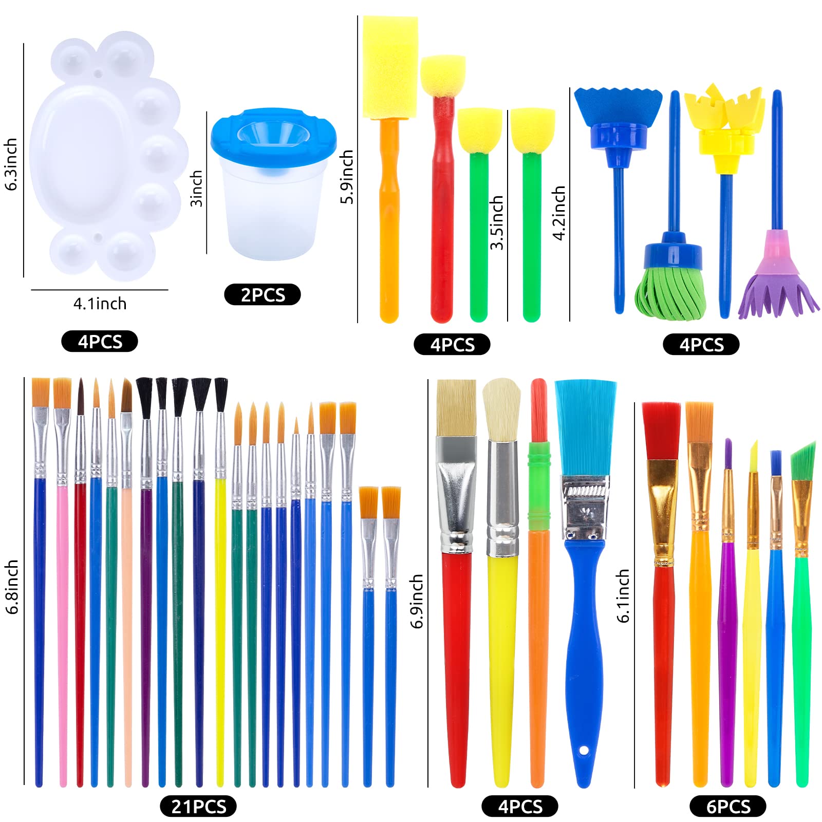 BigOtters Painting Brushes, 45PCS Kids All Purpose Paint Supplies Include Paint Cups with Lids Palette Tray Multi Sizes Paint Brush Set for Kids Gifts School Prizes Art Party