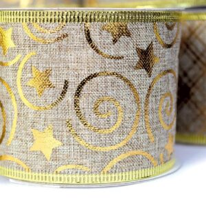 Gold Ribbon Wired Christmas Tree Ribbon 2.5 Inch Burlap Ribbons Xmas 6 Rolls 36 Yards Metallic Glitter Crafts Decorating Gift Wrapping Bows Gift Wrap Bow Trees Topper Wreath Indoor/Outdoor