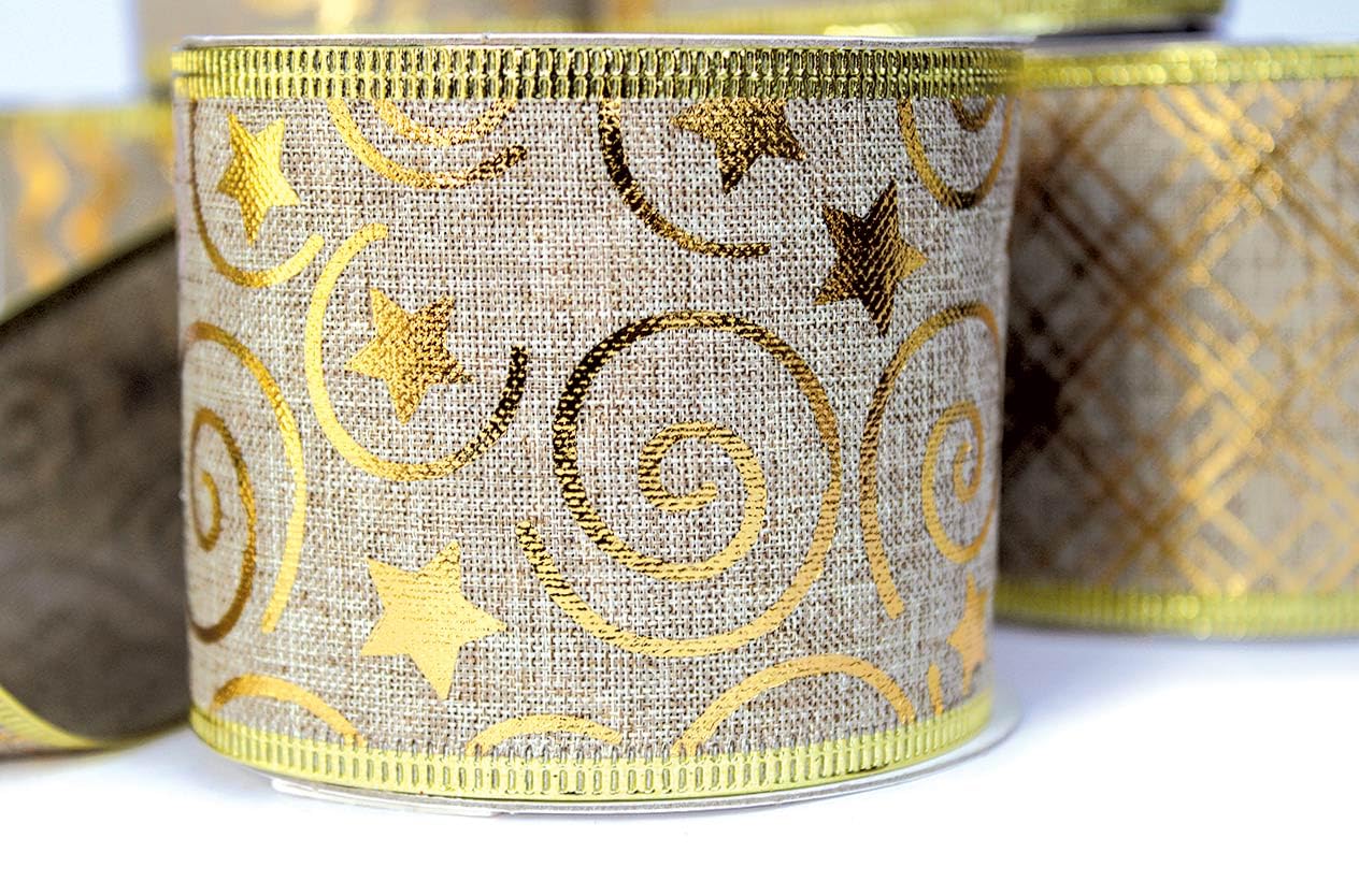 Gold Ribbon Wired Christmas Tree Ribbon 2.5 Inch Burlap Ribbons Xmas 6 Rolls 36 Yards Metallic Glitter Crafts Decorating Gift Wrapping Bows Gift Wrap Bow Trees Topper Wreath Indoor/Outdoor