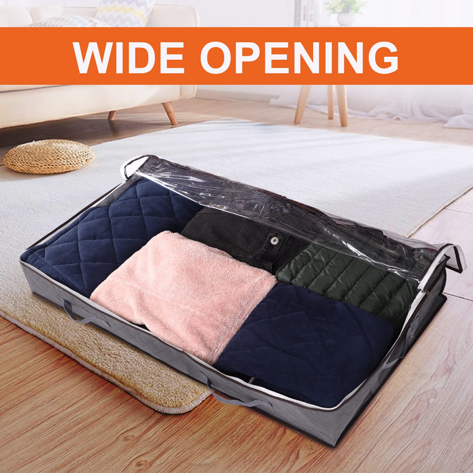 Under Bed Storage Containers, Underbed Storage Bags with Zipper Clear Window Non-Woven Organizer for Clothes Sweater Comforter Blanket Quilts Pillow Toy 75L Grey 3 Pack