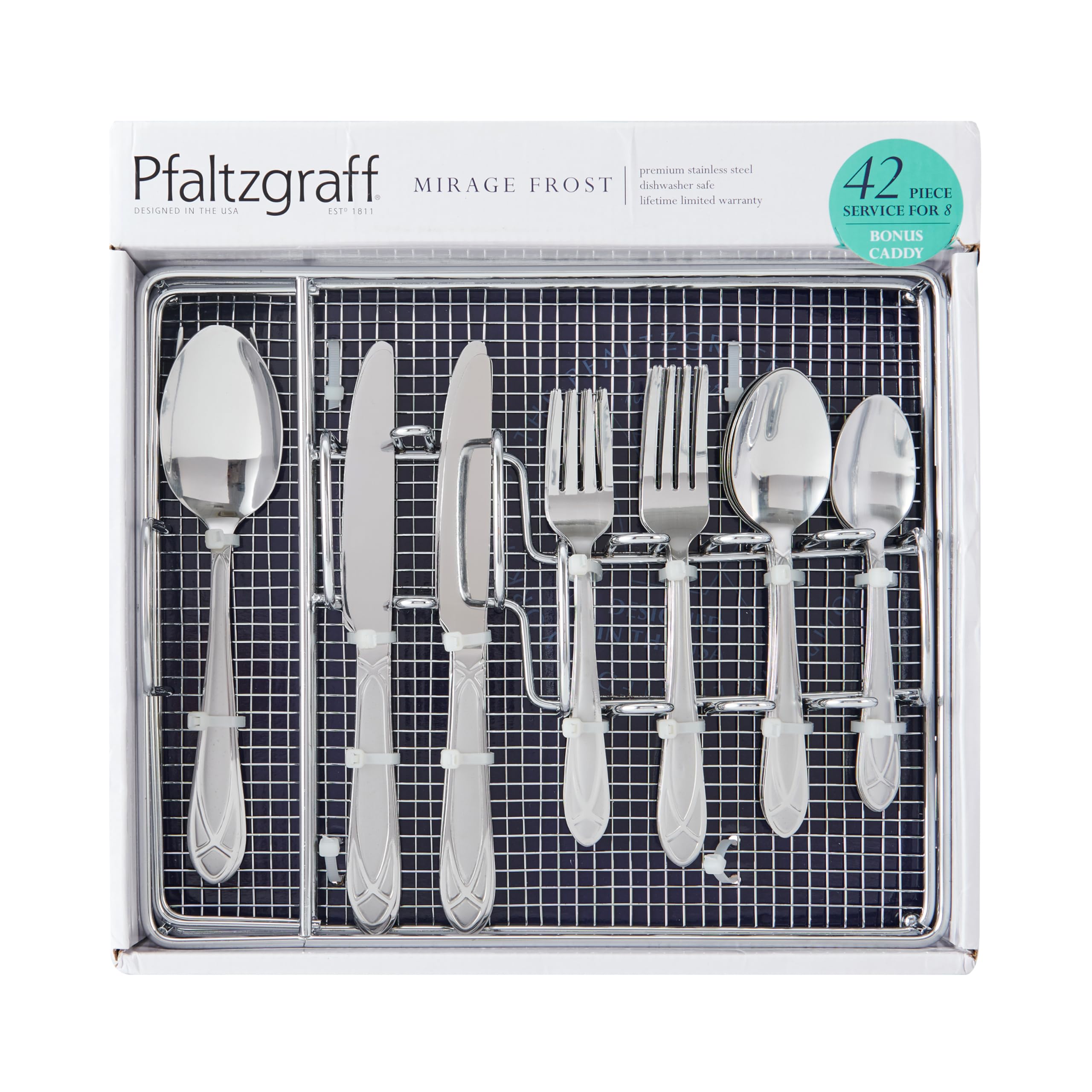 Pfaltzgraff Mirage Frost Everyday Flatware Service for 8, 42 Piece Set, 18/0 Stainless Steel, Silverware Set with Serving Utensils and Caddy