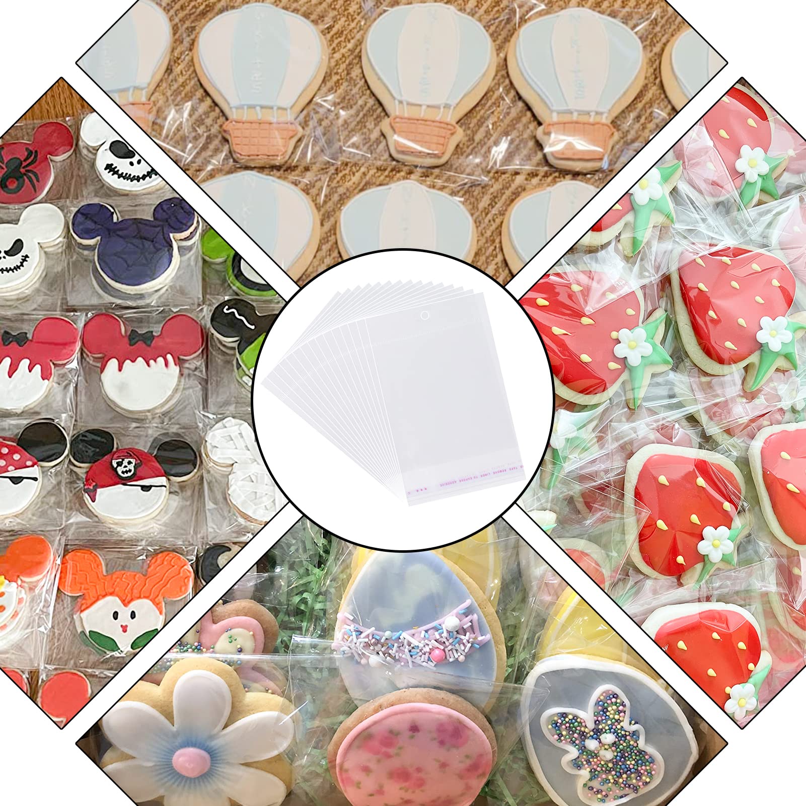 400Pcs Clear Plastic Self Sealing Bags with Hang Hole Resealable Storage Cellophane Bags for Bakery Cookies Candies Jewelry Decorative Wrappers Gifts 3 x 5inch, 4x 6inch, 5 x 7inch, 8 x 10 inch