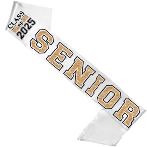 Senior Sash 2025 - Gold Sparkle with Black Outline Class of 2025 Senior White PREMIUM GRADE SATIN Sash - Senior Night Supplies & Gifts - White Sash (ClsOf25 GLD w/BLK) WHT