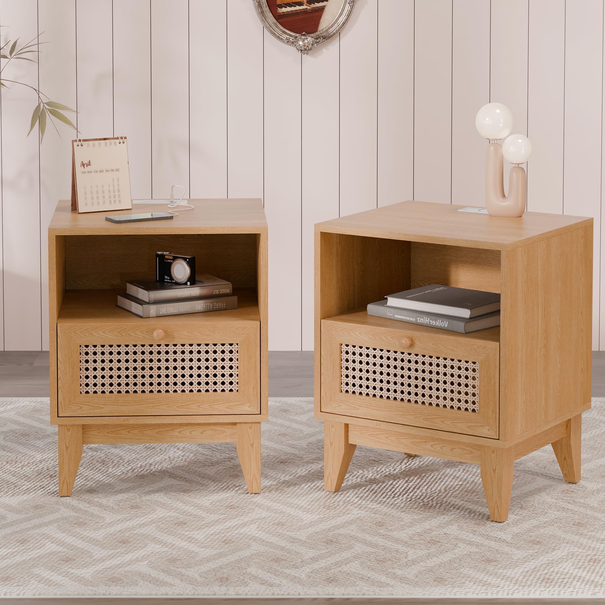 Betterhood Rattan Nightstand Set of 2, Boho Bedside Table with Drawer and Charging Station, Wooden Side Table for Bedroom, Dorm and Small Space, Natural