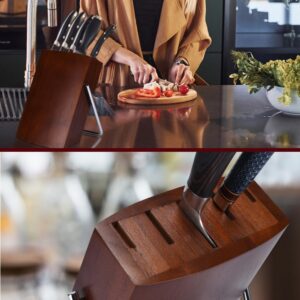 Vdomus Rubber Wood Knife Block - 9x7x3-Inch Universal Knife Holder for Kitchen Counter - Knife Stand Holder with Non-Slip Pad - Knives Storage Block with Large Capacity up to 12 Knives - Brown