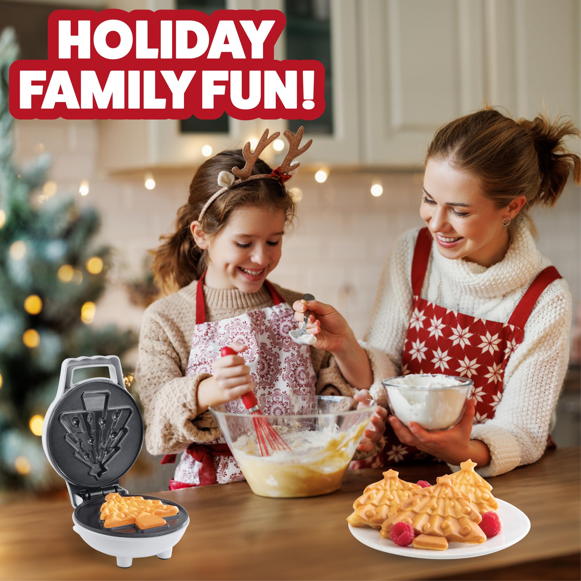 Christmas Tree Mini Waffle Maker - Make this Holiday Special for Kids with Cute 4 Inch Waffler Iron, Electric Non Stick Breakfast Appliance for Xmas Season, Fun Gift or Cute Dessert, Treat for Parties