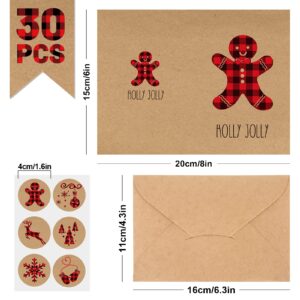 AnyDesign 30 Pack Christmas Greeting Cards 4 x 6 Kraft Note Cards Red Black Plaid Elk Snowflake Printed Blank Cards with Envelopes Matching Seal Stickers for Holiday Birthday All Occasions, 6 Design