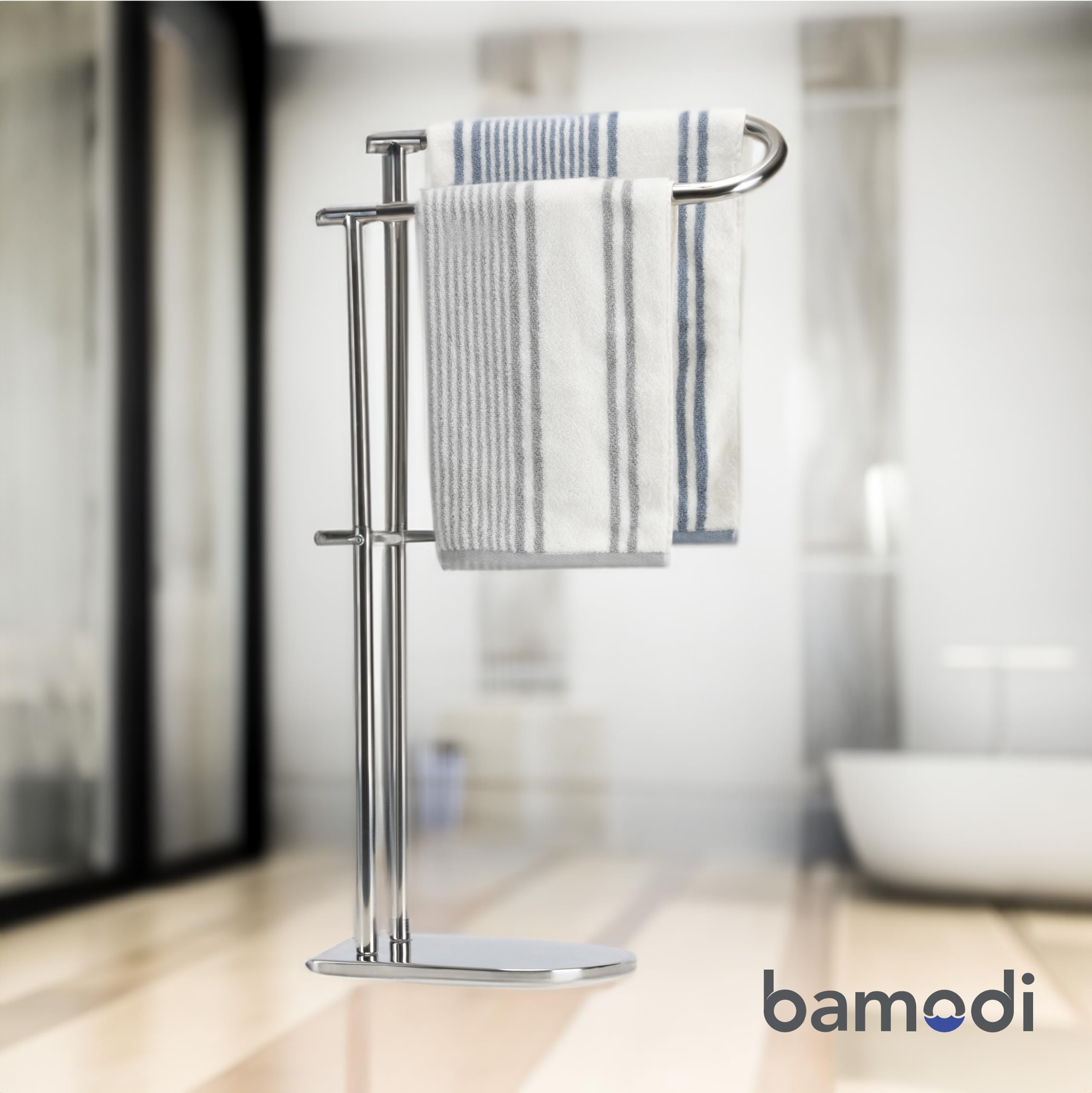 Bamodi Freestanding Towel Rack for Bathroom Floor - Practical Bath Towel Rack Holder Stand for Bathroom, Kitchen, Room - Easy to Assemble, with Offset Rails for Drying - Black Steel Finish