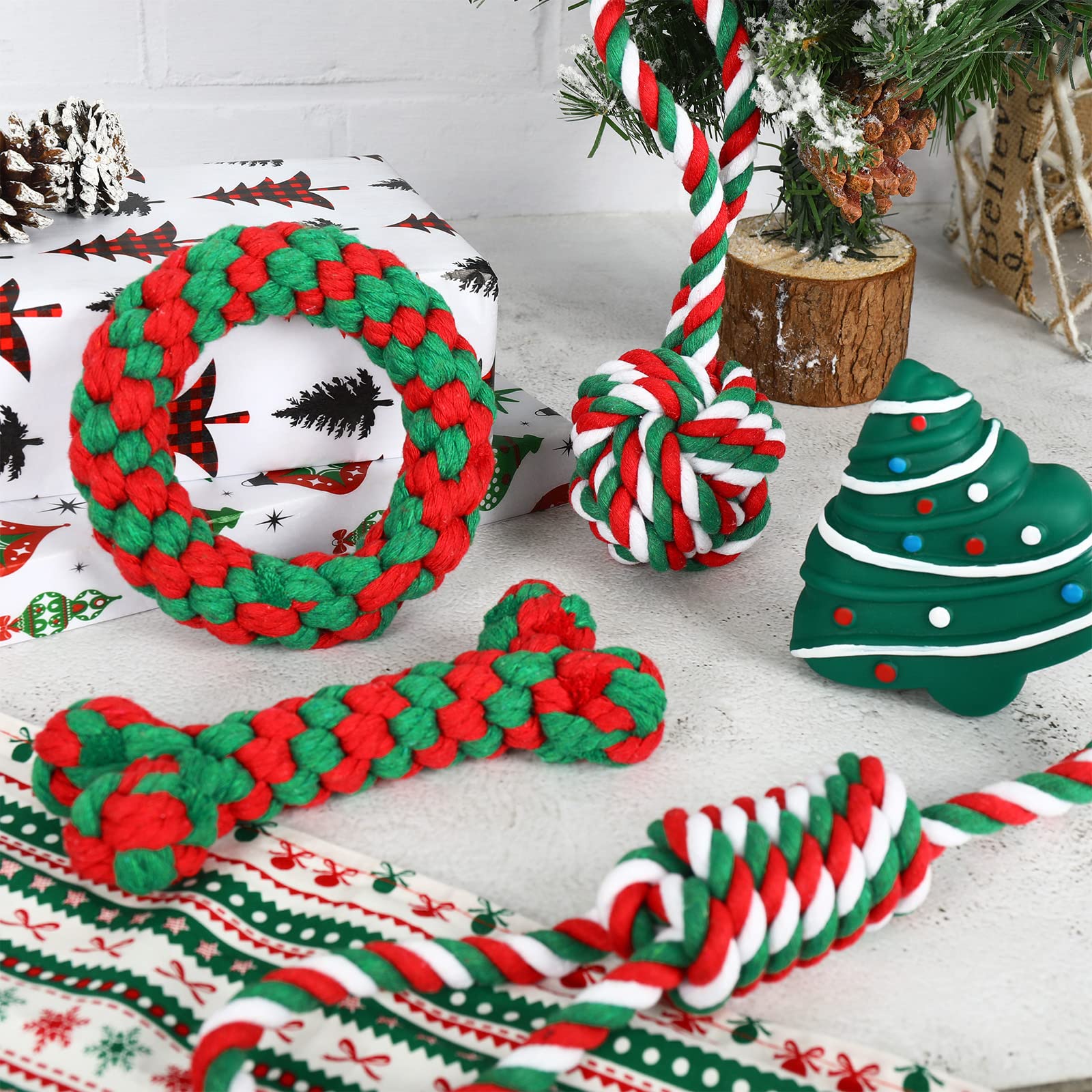 Whaline 7Pcs Christmas Pet Toy Kit Include Chewing Toys, Dog Bandana and Xmas Tree Squeak Toy Red Green Candy Bone Ball Shape Knot Cotton Rope Chew Toys for Small Medium Large Dog Christmas Pet Gifts