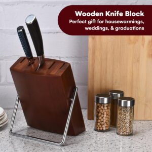 Vdomus Rubber Wood Knife Block - 9x7x3-Inch Universal Knife Holder for Kitchen Counter - Knife Stand Holder with Non-Slip Pad - Knives Storage Block with Large Capacity up to 12 Knives - Brown