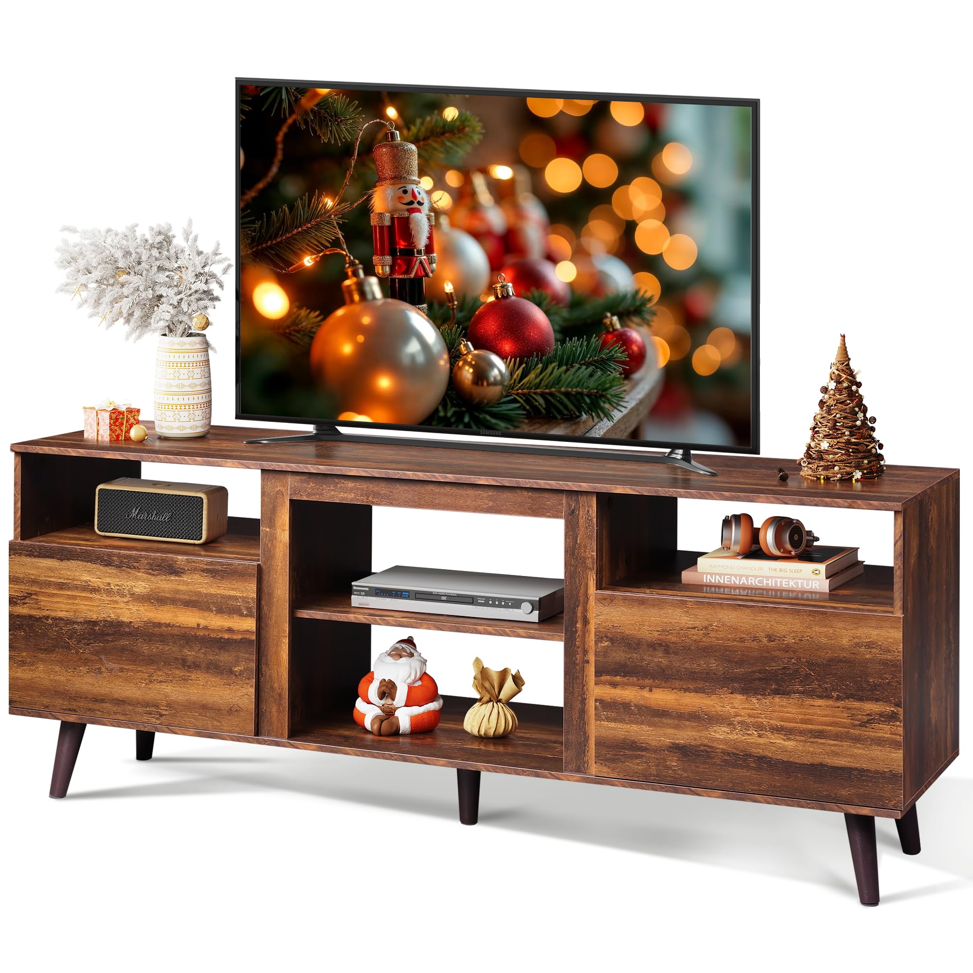 WLIVE TV Stand for 65 Inch TV, 58 inch Entertainment Center with 2 Storage Cabinets, Media Console for Living Room, Bedroom and Office, Retro Brown