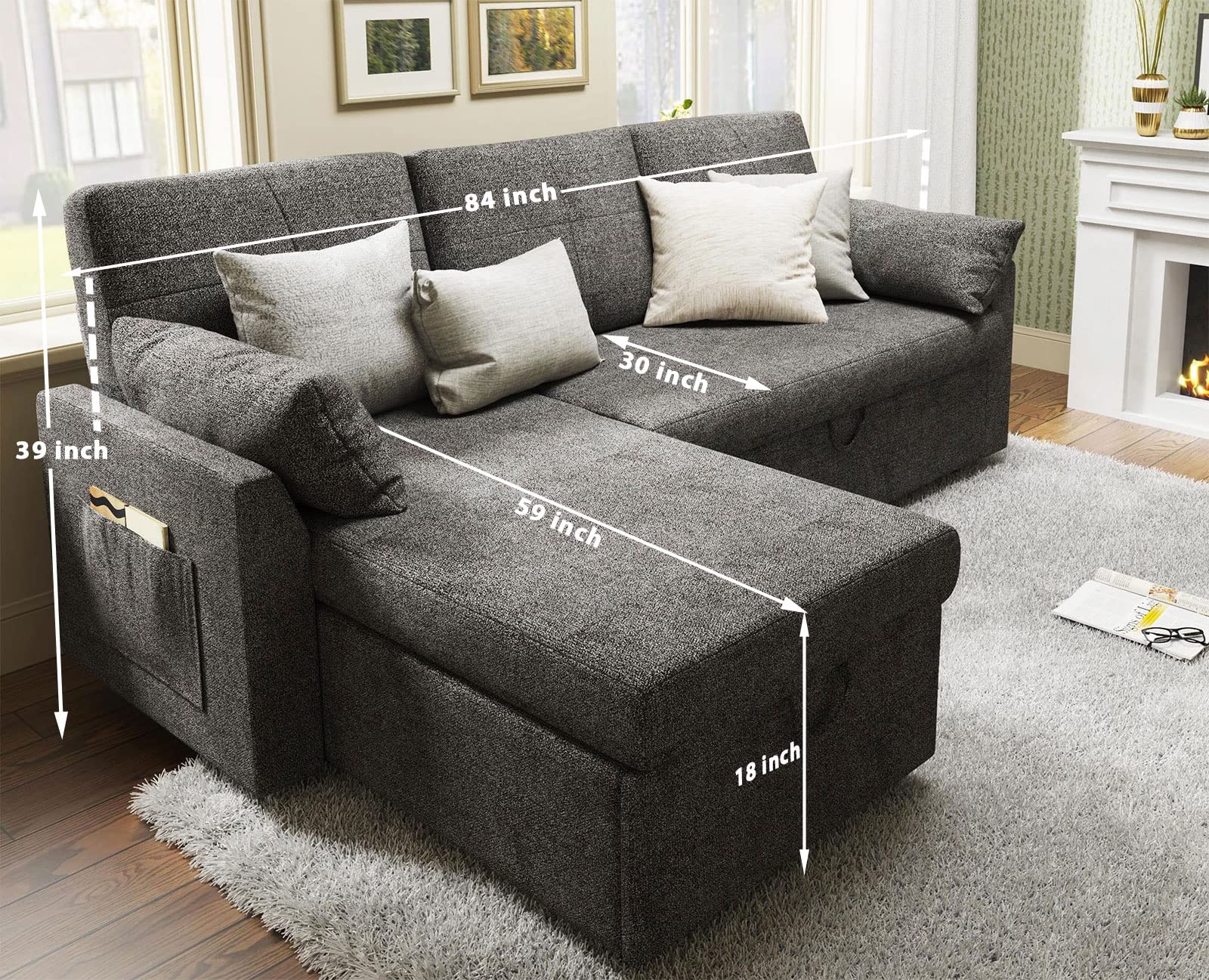 Merluxy Sofa Bed Sleeper Sofa with Storage Chaise 2 in 1 Pull Out Couch Bed for Living Room Sectional Couch with Pull Out Bed Gray