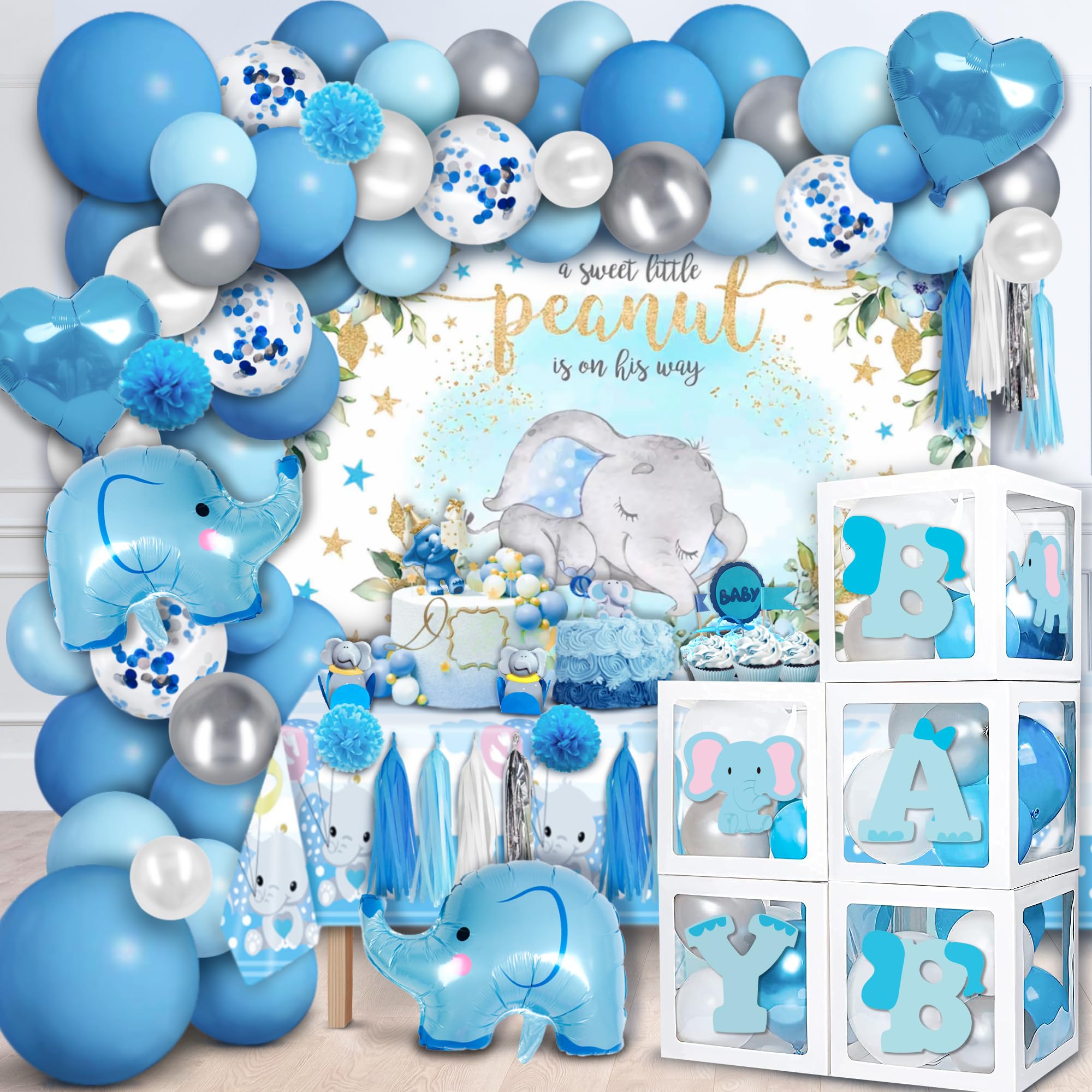 PARTY SPOT! 94 pcs Baby Shower Decorations for Boy, 5 Pcs White Balloon Boxes, 70 pcs Latex Balloons, Blue Elephant Theme Baby Shower Decorations Gender Reveal Party Supplies