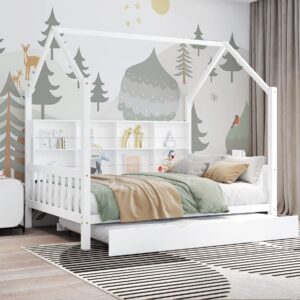 DEINPPA Twin House Bed with Shelf, Twin Bed Frame with Trundle & Guardrail for Kids Children Toddlers, No Box Spring Needed