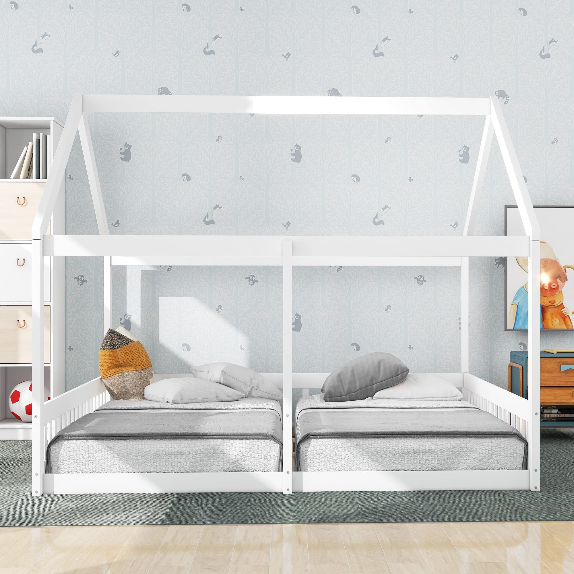 CKLMMC Twin Size House Platform Beds,Two Shared Beds, Wooden Bed Frame with Roof and Window, Bedroom Furniture, Can be Decorated Tent (White#Shared Bed)