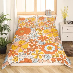 Retro 70s 60s Floral Hippie Duvet Cover Set King Size,Summer Groovy Flowers Comforter Cover with 2 Pillowcases,Boho Plant Modern Bedding Set for Adult Young Bedroom Xmas Gift