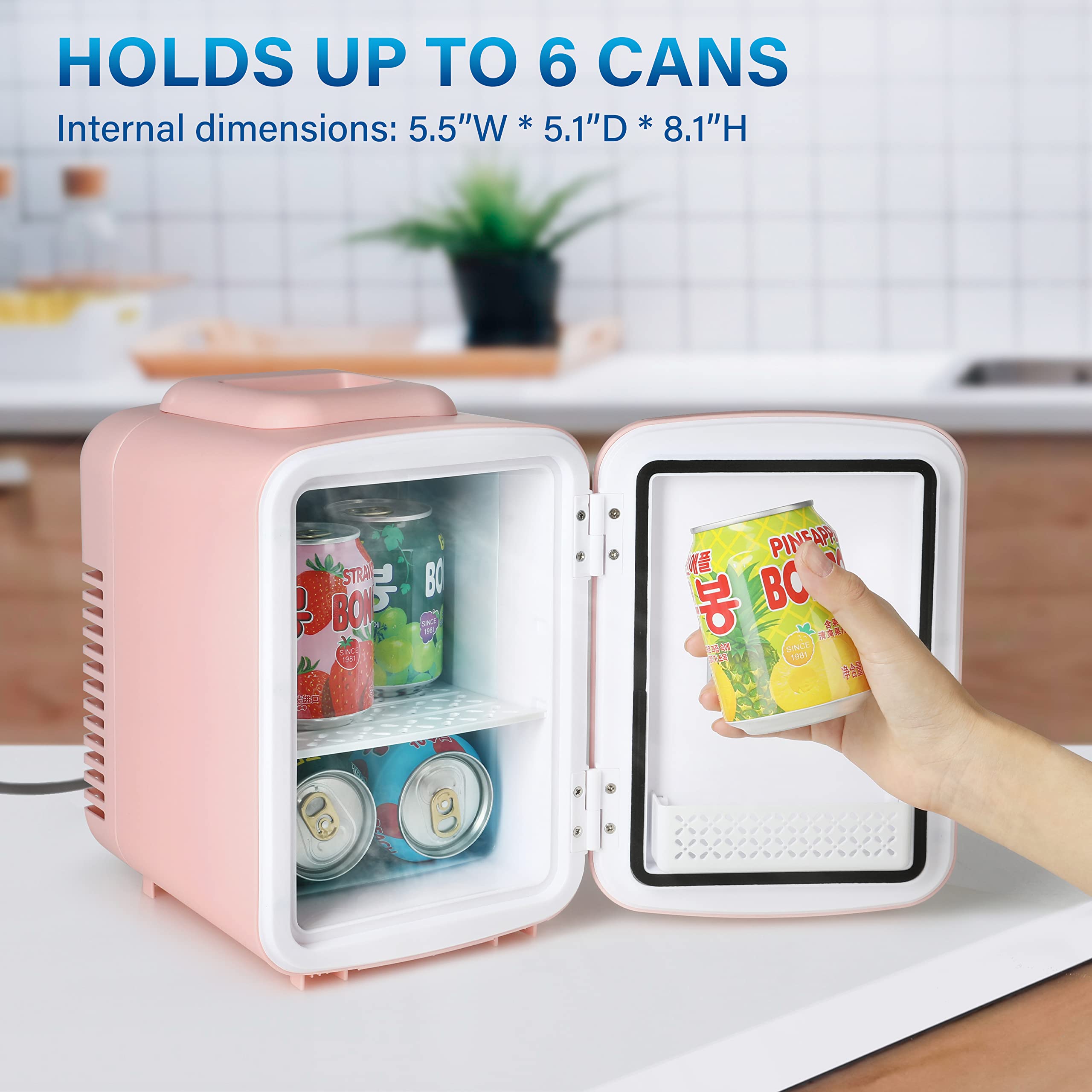 Simple Deluxe Mini Fridge, 4L/6 Can Portable Cooler & Warmer Freon-Free Small Refrigerator Provide Compact Storage for Skincare, Beverage, Food, Cosmetics, 4 L, Pink