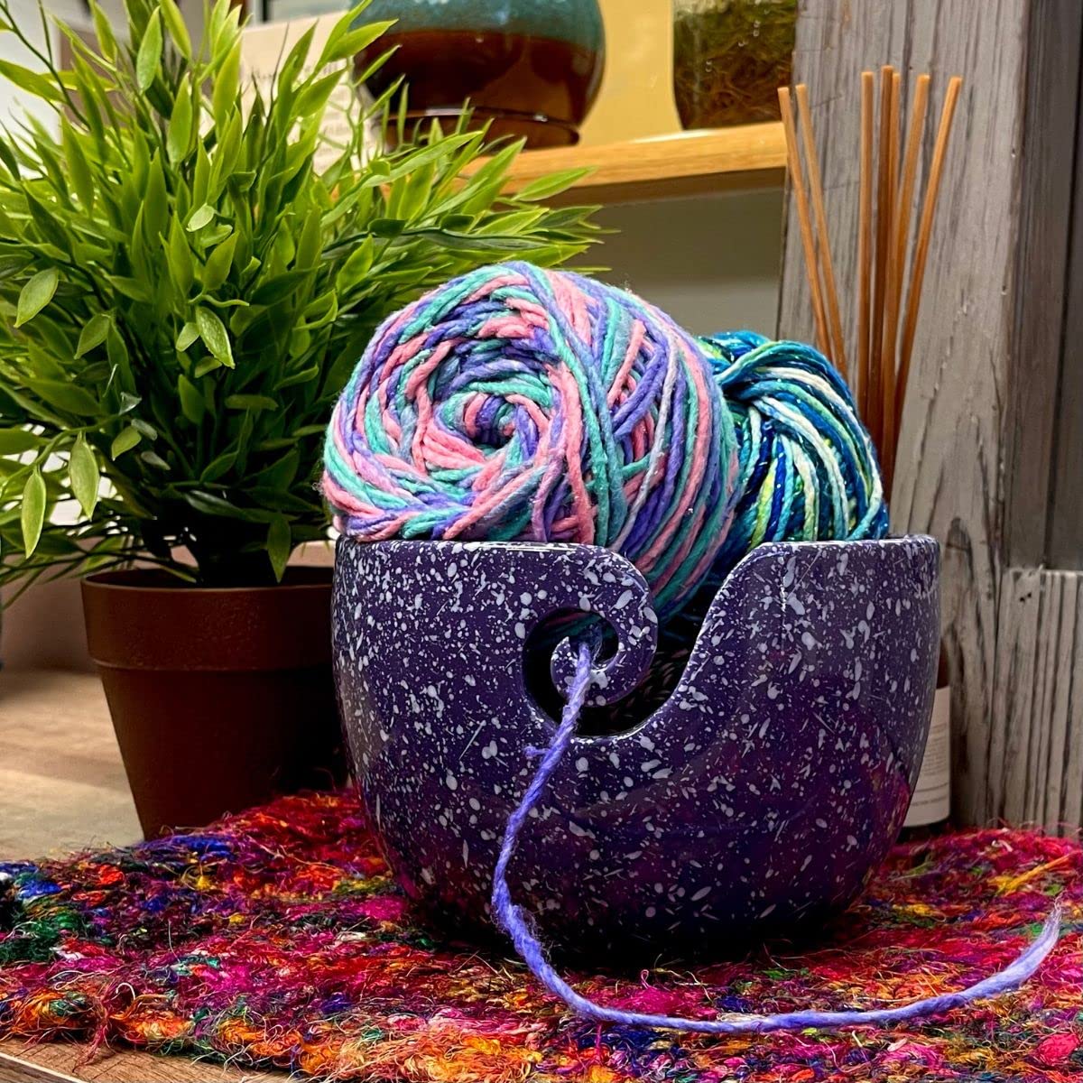 Darn Good Yarn handcrafted ceramic knitting crocheting yarn bowl| Purple speckled design| Large- holds at least 2 balls of yarn