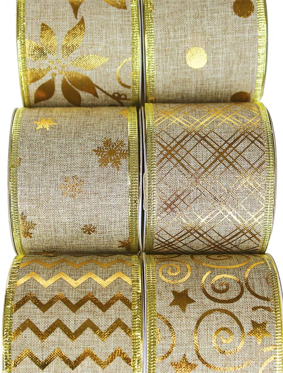 Gold Ribbon Wired Christmas Tree Ribbon 2.5 Inch Burlap Ribbons Xmas 6 Rolls 36 Yards Metallic Glitter Crafts Decorating Gift Wrapping Bows Gift Wrap Bow Trees Topper Wreath Indoor/Outdoor