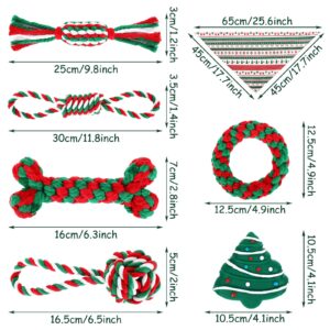 Whaline 7Pcs Christmas Pet Toy Kit Include Chewing Toys, Dog Bandana and Xmas Tree Squeak Toy Red Green Candy Bone Ball Shape Knot Cotton Rope Chew Toys for Small Medium Large Dog Christmas Pet Gifts