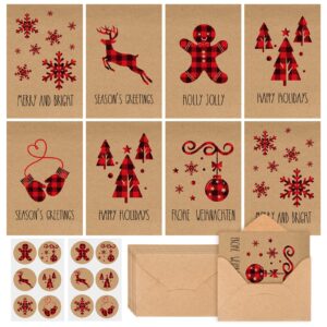 anydesign 30 pack christmas greeting cards 4 x 6 kraft note cards red black plaid elk snowflake printed blank cards with envelopes matching seal stickers for holiday birthday all occasions, 6 design