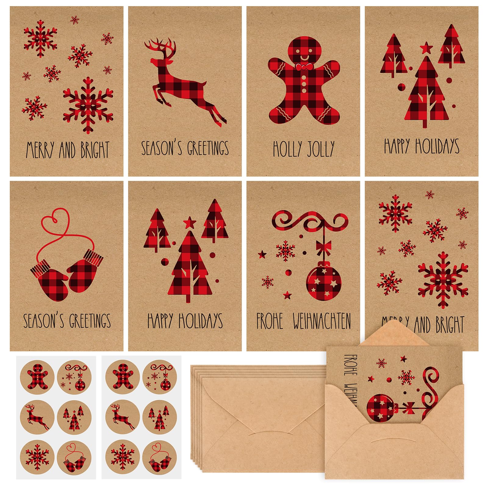 AnyDesign 30 Pack Christmas Greeting Cards 4 x 6 Kraft Note Cards Red Black Plaid Elk Snowflake Printed Blank Cards with Envelopes Matching Seal Stickers for Holiday Birthday All Occasions, 6 Design