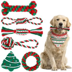 whaline 7pcs christmas pet toy kit include chewing toys, dog bandana and xmas tree squeak toy red green candy bone ball shape knot cotton rope chew toys for small medium large dog christmas pet gifts