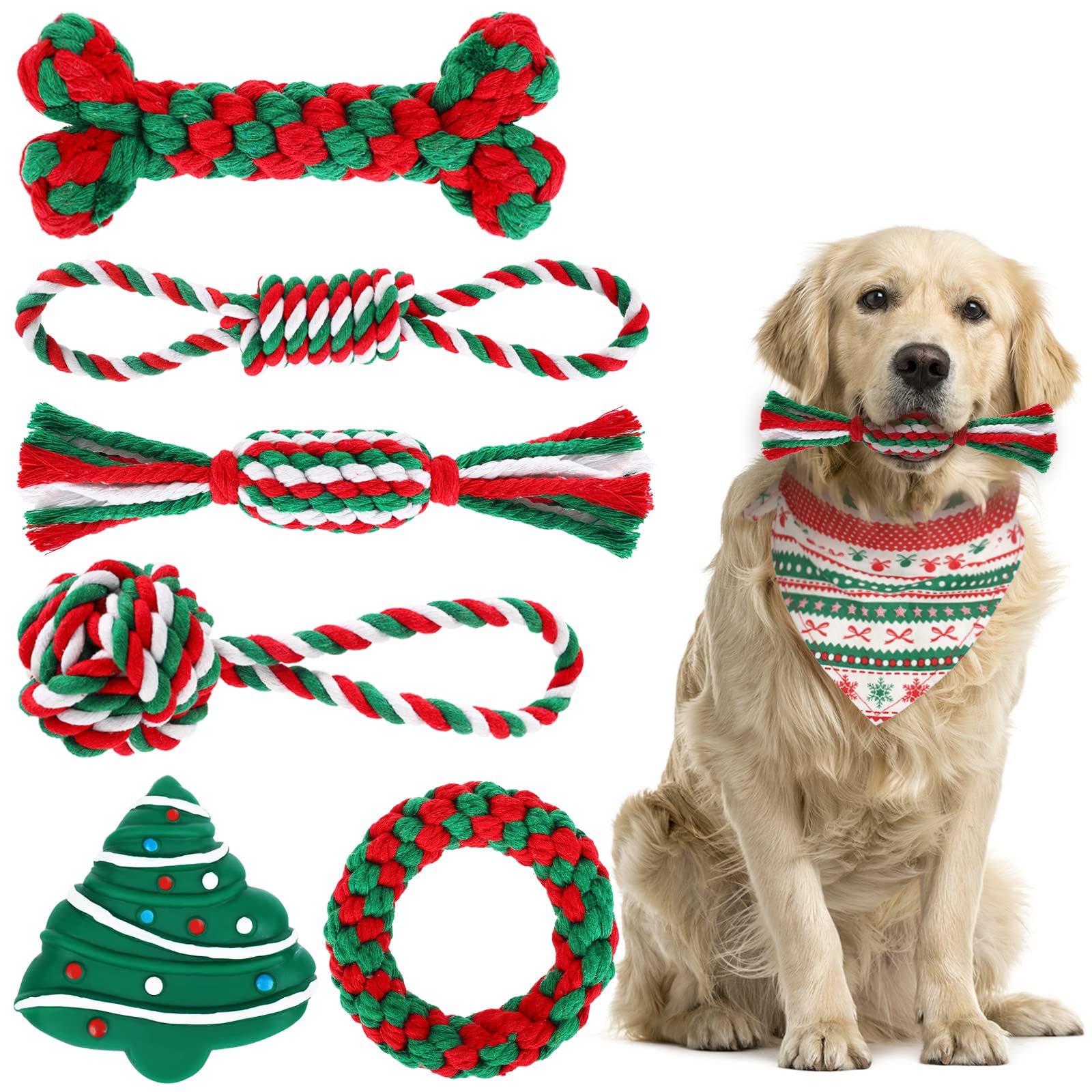 Whaline 7Pcs Christmas Pet Toy Kit Include Chewing Toys, Dog Bandana and Xmas Tree Squeak Toy Red Green Candy Bone Ball Shape Knot Cotton Rope Chew Toys for Small Medium Large Dog Christmas Pet Gifts