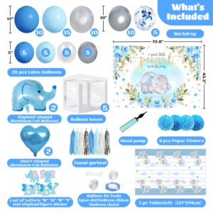 PARTY SPOT! 94 pcs Baby Shower Decorations for Boy, 5 Pcs White Balloon Boxes, 70 pcs Latex Balloons, Blue Elephant Theme Baby Shower Decorations Gender Reveal Party Supplies