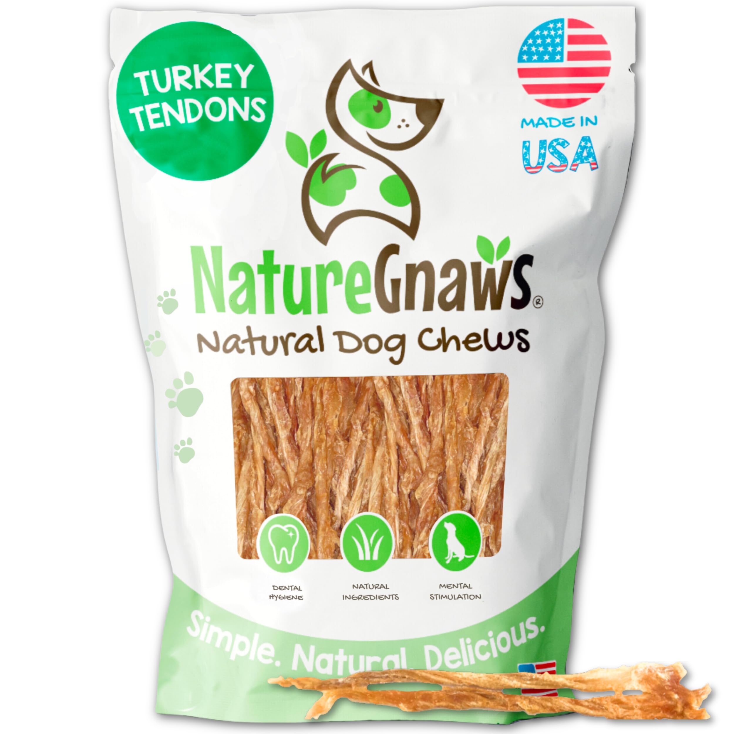 Nature Gnaws USA Turkey Tendons for Dogs (1Lb) - Delicious Grain Free Reward Snack for Small, Medium & Large Breeds - Premium Natural Dog Chew Treats