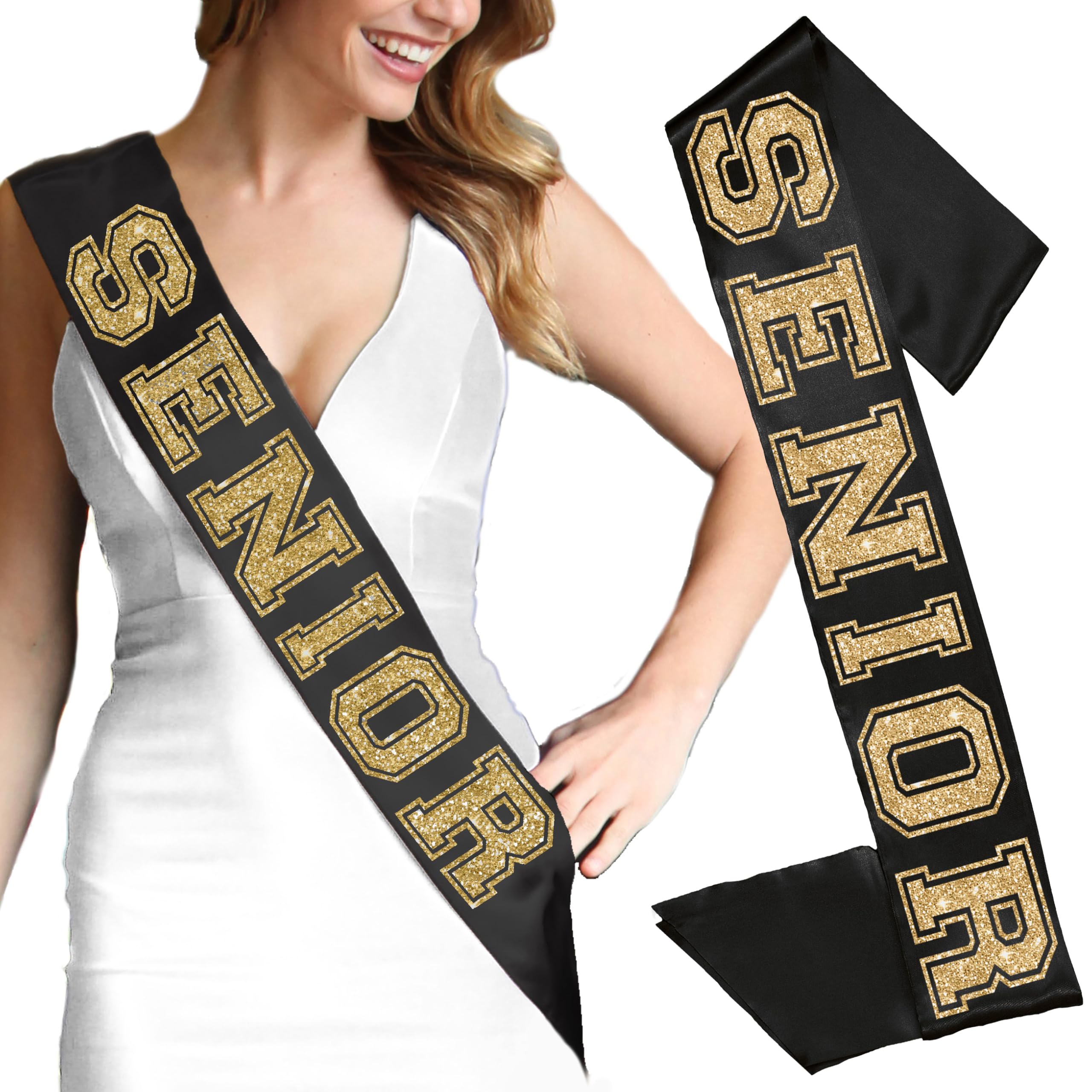 RhinestoneSash Senior Sash - Senior Gold Glitter Black Premium Quality PREMIUM GRADE SATIN Sash - Senior Send Off Gifts - Black Sash(GLD Senior) Blk