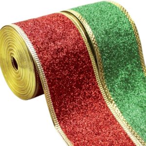 Christmas Ribbon Glitter Wired Christmas Ribbons Red Green Wire Edged 2 inch Wide x 6 Yds for Gift Wrapping Bows Christmas Tree Ribbon Garland Wrap Around Ribbon for Xmas Trees Gifts Crafts Presents