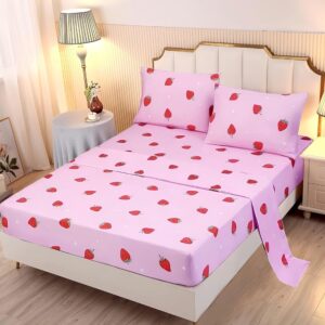 SDY 4PCS Strawberry Bedding Sheets,Queen Size Red and Pink Strawberry Print Sheet Set with 1 Kawaii Top Flat Sheet + 1 Deep Pocket Fitted Sheet + 2 Pillowcases for Teen Girls