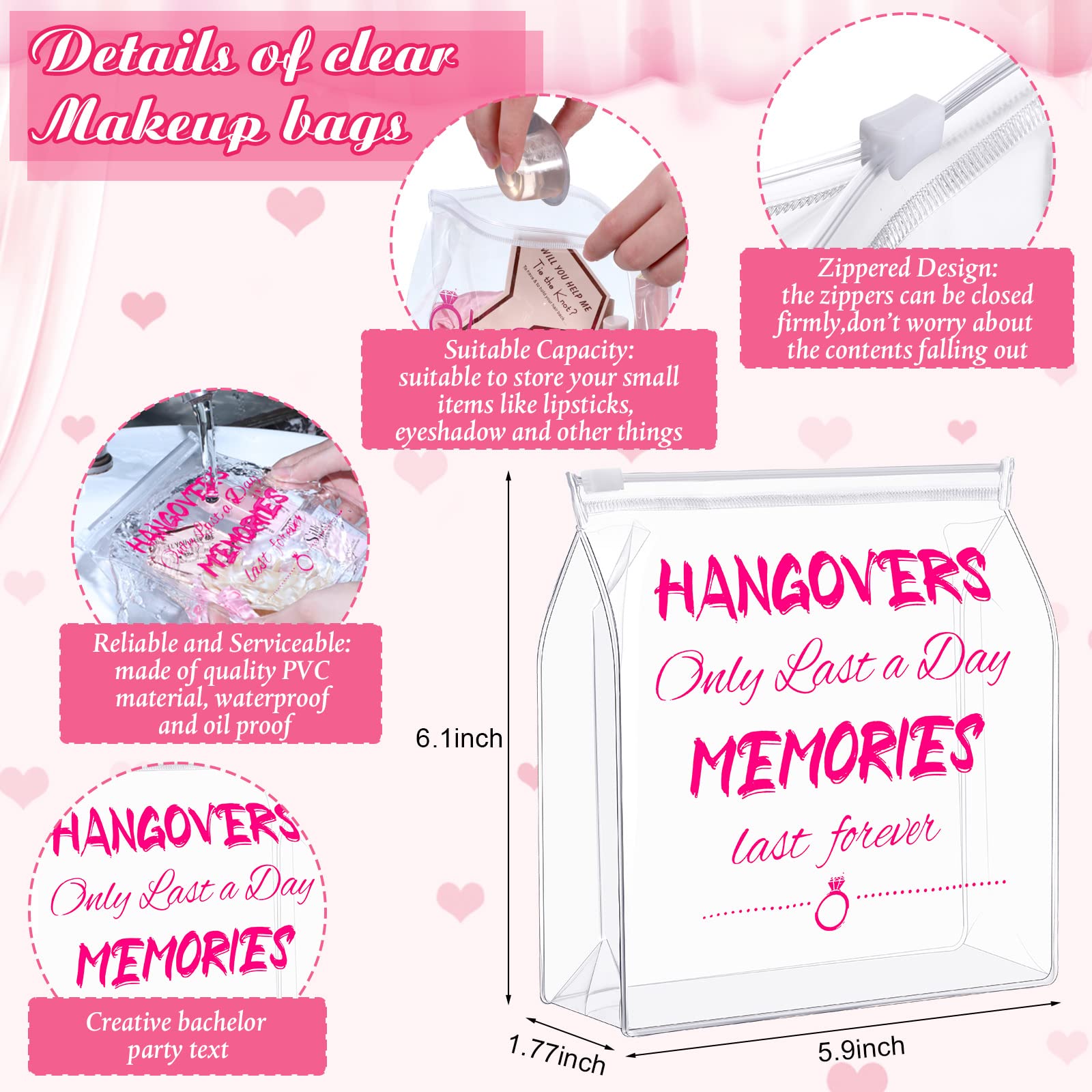 20 Pack Bachelorette Makeup Bags Hangover Recovery Kit Bags in Bulk Clear Plastic Pouch Small PVC Transparent Cosmetic Organizer Bag with Zipper for Bachelorette Bride Wedding Party Favors Travel