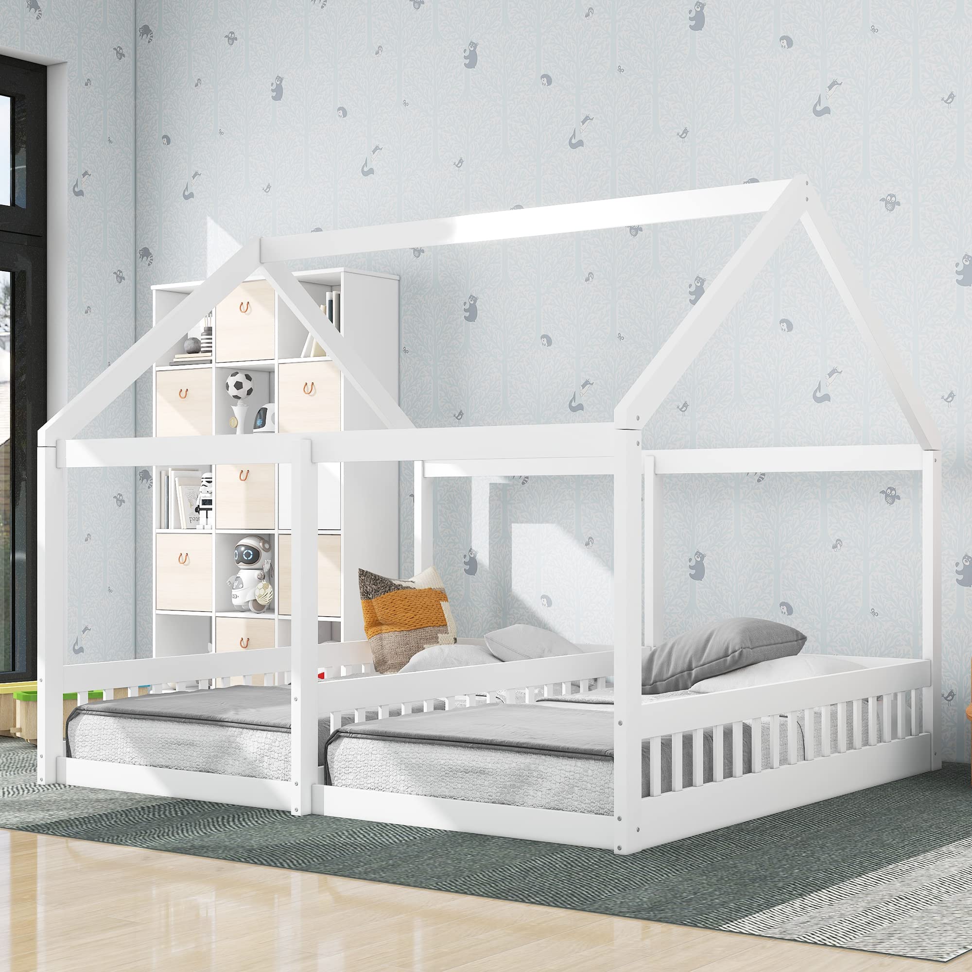 CKLMMC Twin Size House Platform Beds,Two Shared Beds, Wooden Bed Frame with Roof and Window, Bedroom Furniture, Can be Decorated Tent (White#Shared Bed)