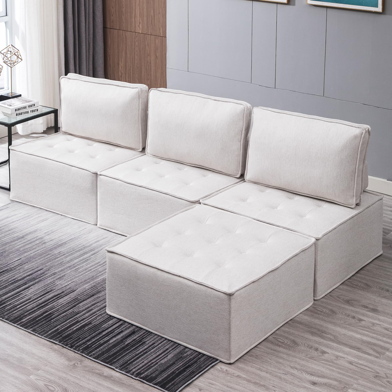 BALUS Modular Sectional Sofa Couch, 4 Seater Cozy Portable Couches, Armless Floor Sofa Couch, Soft Fabric Sofa Bed for Bedroom, Living Room and Sturdy Room, Free Combination, 4 PCS Beige