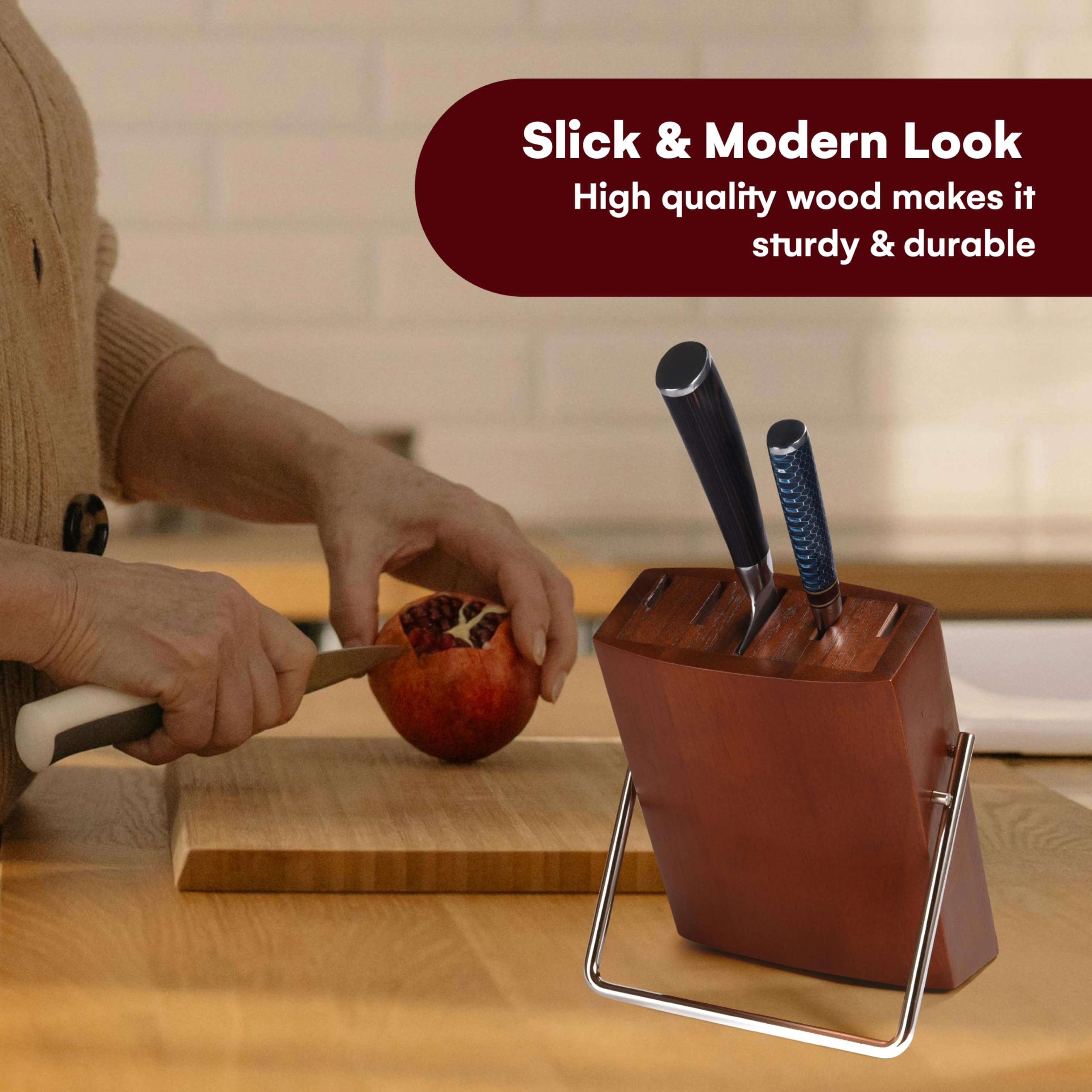 Vdomus Rubber Wood Knife Block - 9x7x3-Inch Universal Knife Holder for Kitchen Counter - Knife Stand Holder with Non-Slip Pad - Knives Storage Block with Large Capacity up to 12 Knives - Brown