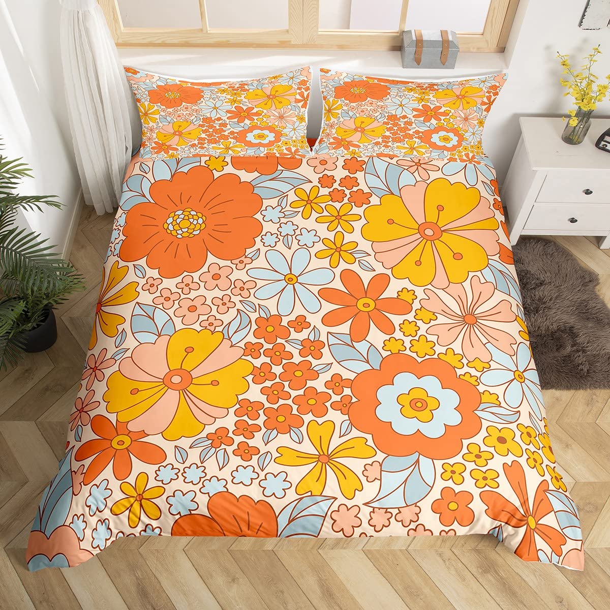 Retro 70s 60s Floral Hippie Duvet Cover Set King Size,Summer Groovy Flowers Comforter Cover with 2 Pillowcases,Boho Plant Modern Bedding Set for Adult Young Bedroom Xmas Gift