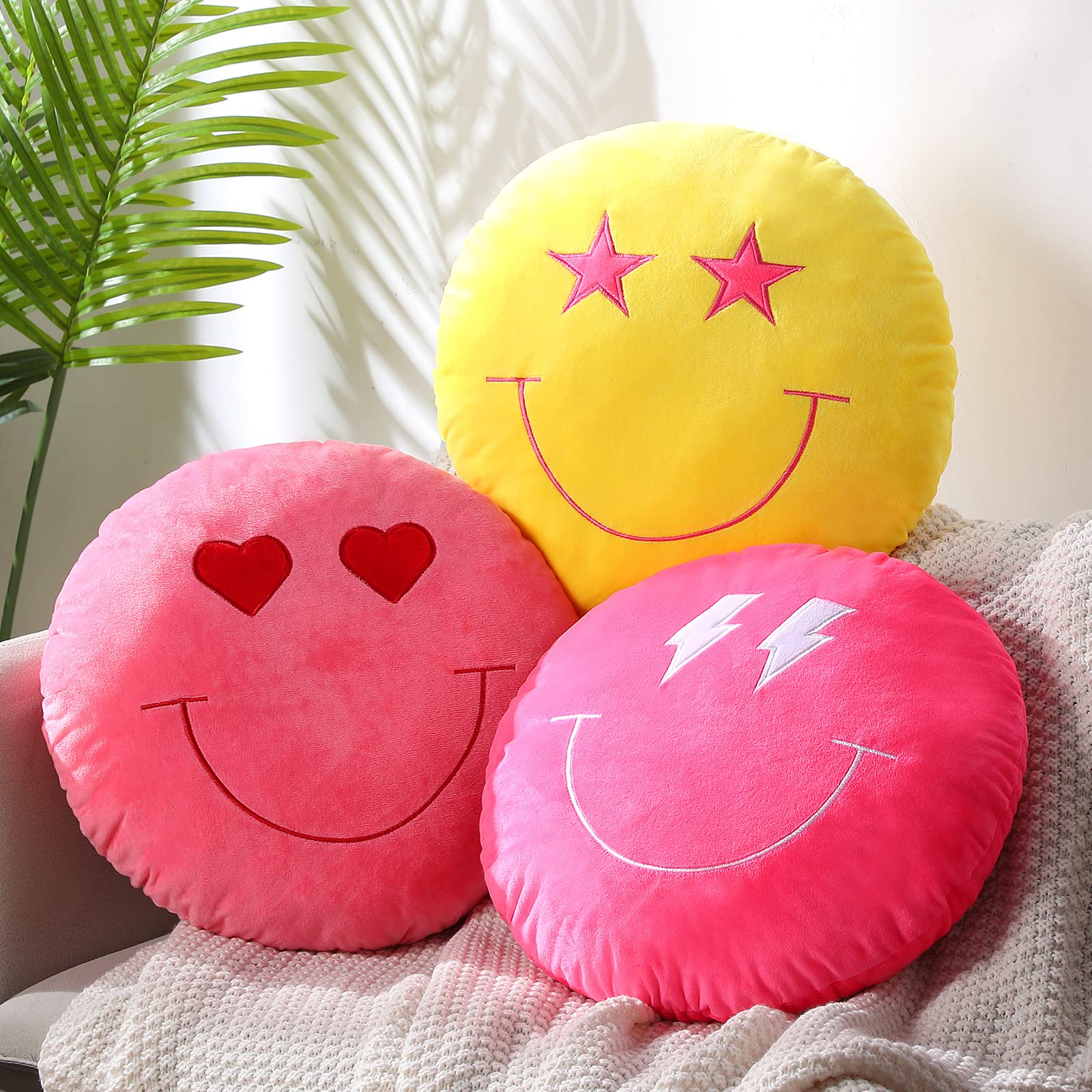 3 Pcs 16 Inch Face Emoticon Cushion Stuffed Plush Pillow, 3D Round Throw Pillows with Embroidery Pattern Cute Round Floor Cushion Decorative Plush Throw Pillows for Car, Bed, Couch, Sofa, Office Home