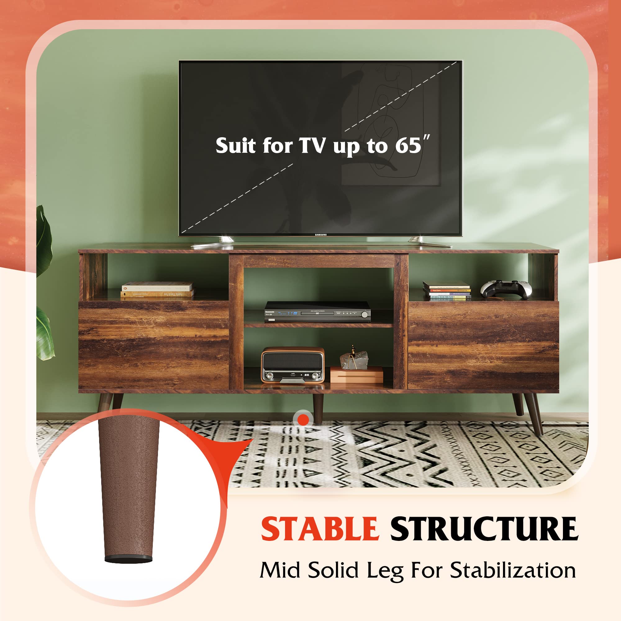 WLIVE TV Stand for 65 Inch TV, 58 inch Entertainment Center with 2 Storage Cabinets, Media Console for Living Room, Bedroom and Office, Retro Brown