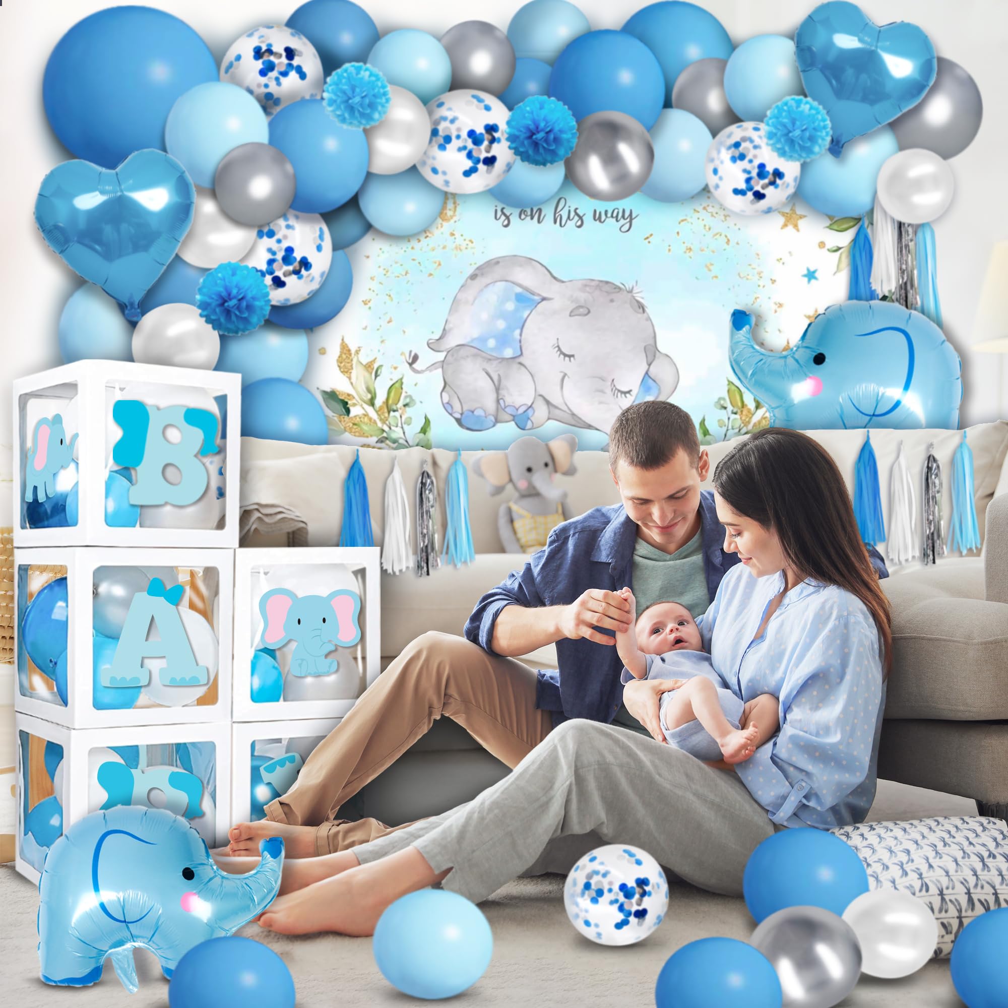 PARTY SPOT! 94 pcs Baby Shower Decorations for Boy, 5 Pcs White Balloon Boxes, 70 pcs Latex Balloons, Blue Elephant Theme Baby Shower Decorations Gender Reveal Party Supplies