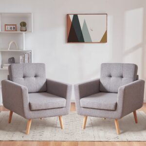 Tbfit Linen Fabric Accent Chairs Set of 2, Mid Century Modern Armchair for Living Room, Bedroom Button Tufted Upholstered Comfy Reading Accent Chair Sofa(Grey)