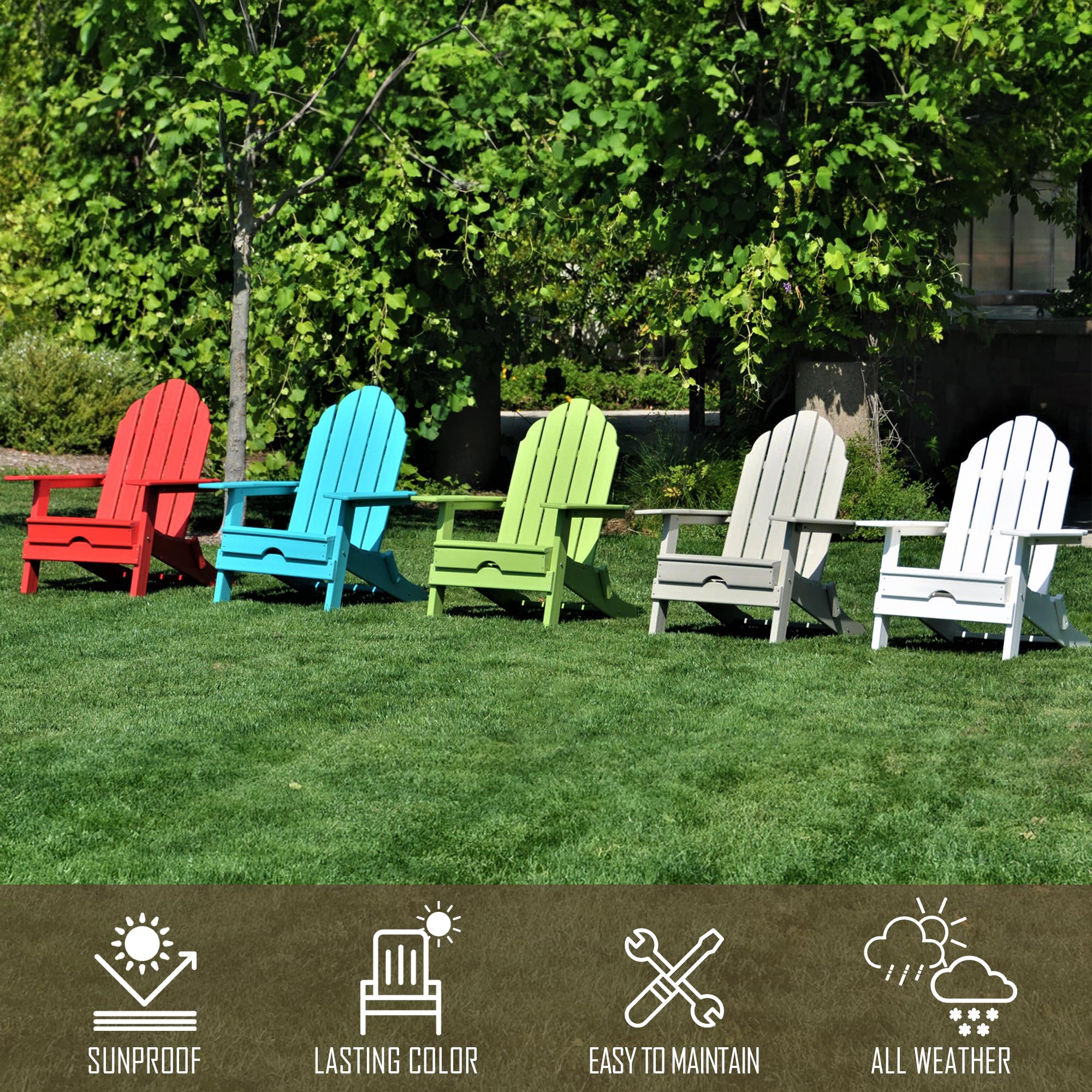 Resin TEAK Folding Adirondack Chair Set of 4, All Weather Folding Plastic Outdoor Chairs for Fire Pit, Campfire, Patio, Porch, Comfortable Seat for Long Relaxation, Up to 300 lb Capacity - Grey