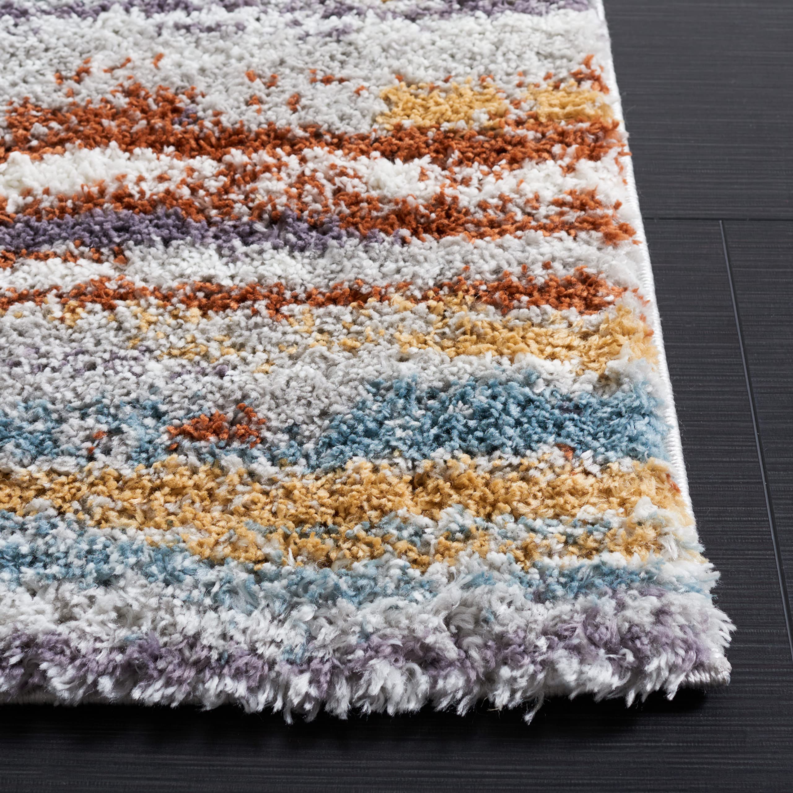 SAFAVIEH Berber Shag Collection Area Rug - 8' x 10', Blue Rust & Ivory, Stripe Design, Non-Shedding & Easy Care, 1.25-inch Thick Ideal for High Traffic Areas in Living Room, Bedroom (BER565A)