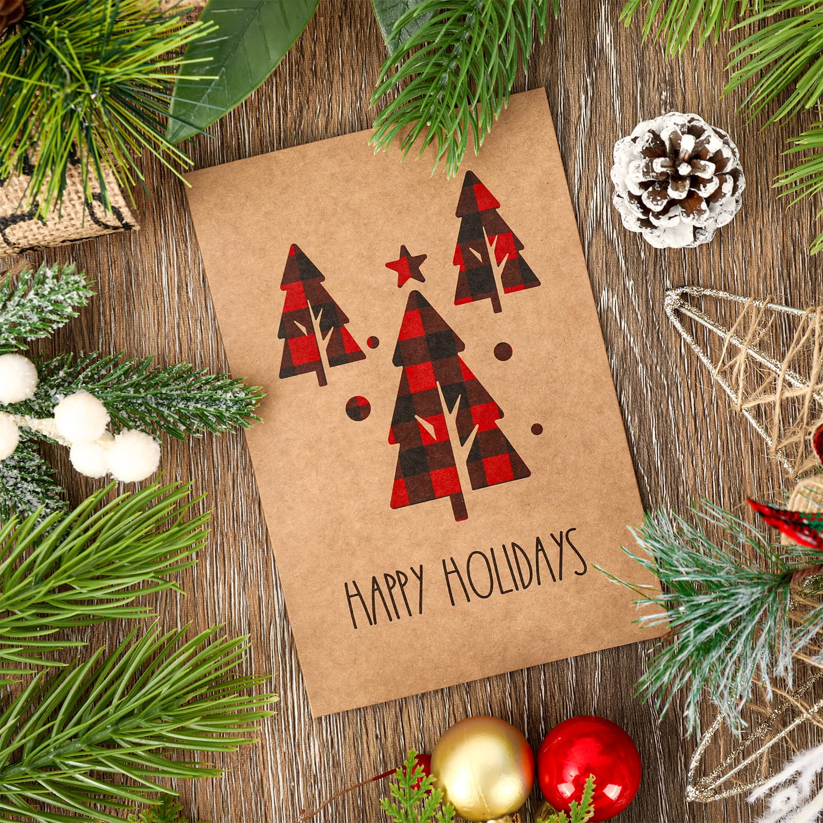 AnyDesign 30 Pack Christmas Greeting Cards 4 x 6 Kraft Note Cards Red Black Plaid Elk Snowflake Printed Blank Cards with Envelopes Matching Seal Stickers for Holiday Birthday All Occasions, 6 Design