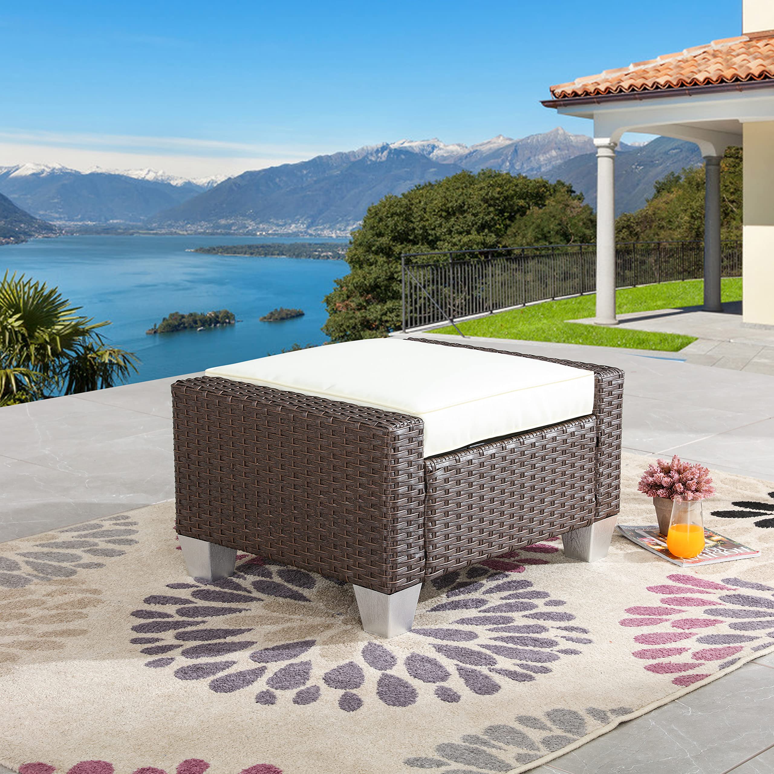 LOKATSE HOME Patio Wicker Ottoman Outdoor for Garden Yard Deck Poolside, Beige