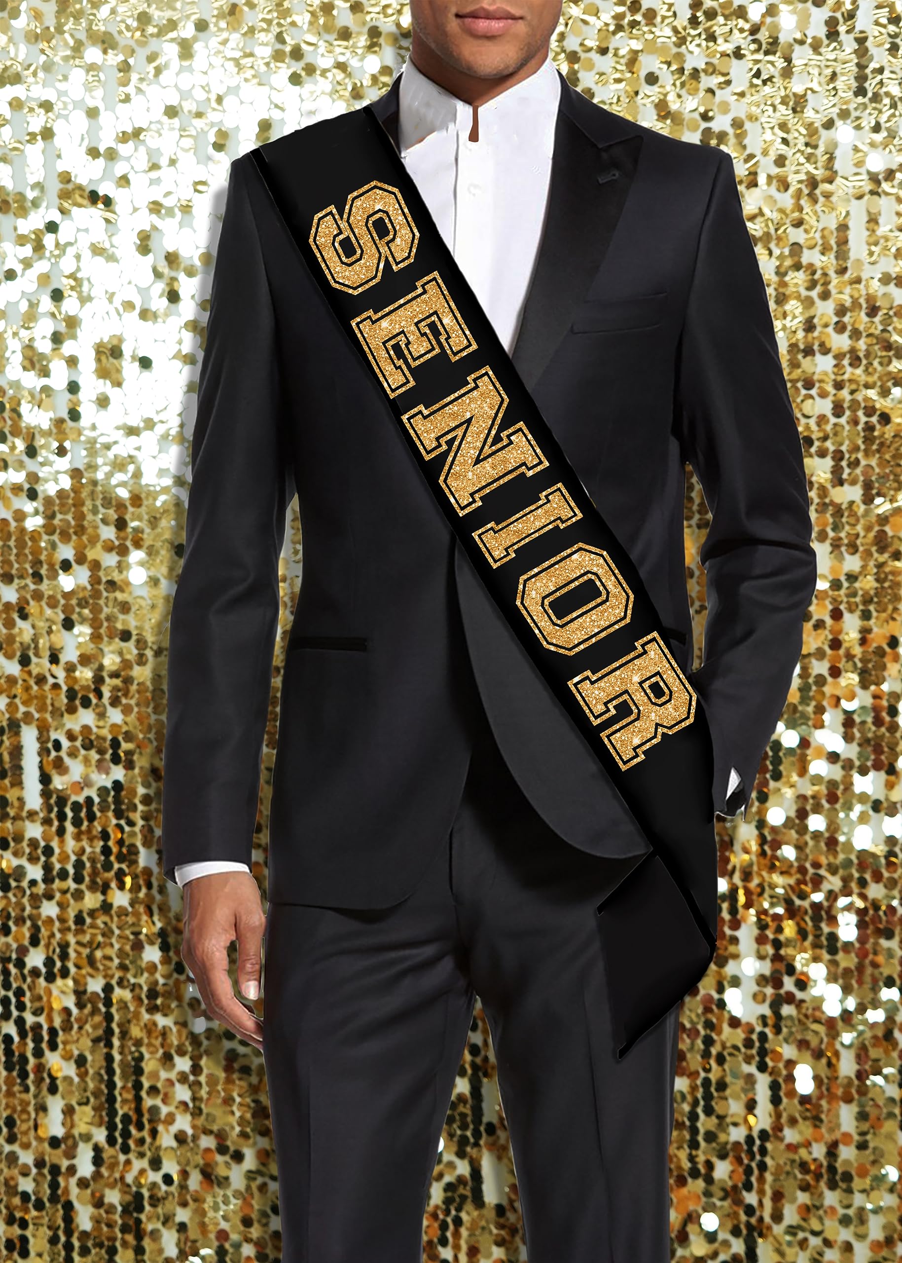 RhinestoneSash Senior Sash - Senior Gold Glitter Black Premium Quality PREMIUM GRADE SATIN Sash - Senior Send Off Gifts - Black Sash(GLD Senior) Blk