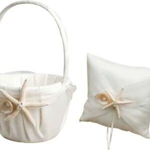 2Pcs Beach Theme Wedding Supplies Set Starfish Seashell Design Flower Girl Basket + Ring Bearer Pillow for Bridal Wedding Shower Ceremony Anniversary Celebrations Party Decorations Wedding Accessories